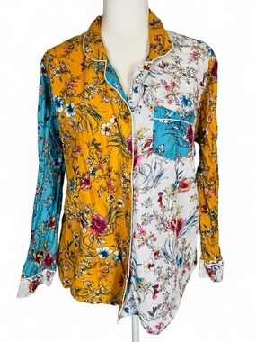 Signals Plus Size 2X Button Down Floral Color Block Button Down Shirt Top Yellow